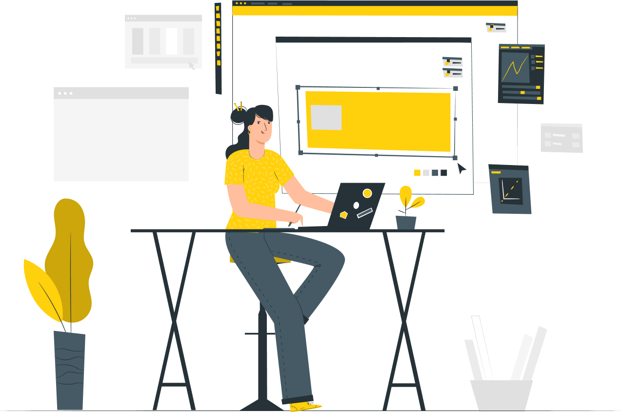 Illustration of a person working at a desk with multiple screens and design elements.